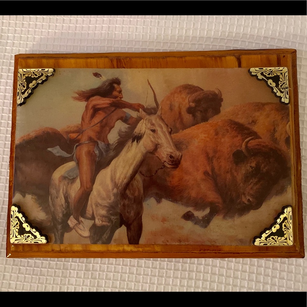 Vintage Wood Shellac Native American Indian On Horse With Buffalo Picture